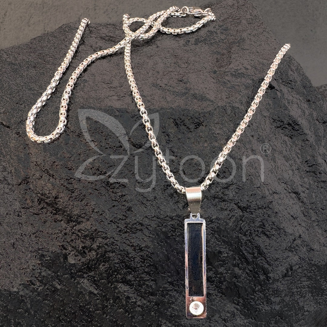Men’s Stainless Steel Bar Pendant Necklace with Black Inlay & Crystal | Modern & Stylish