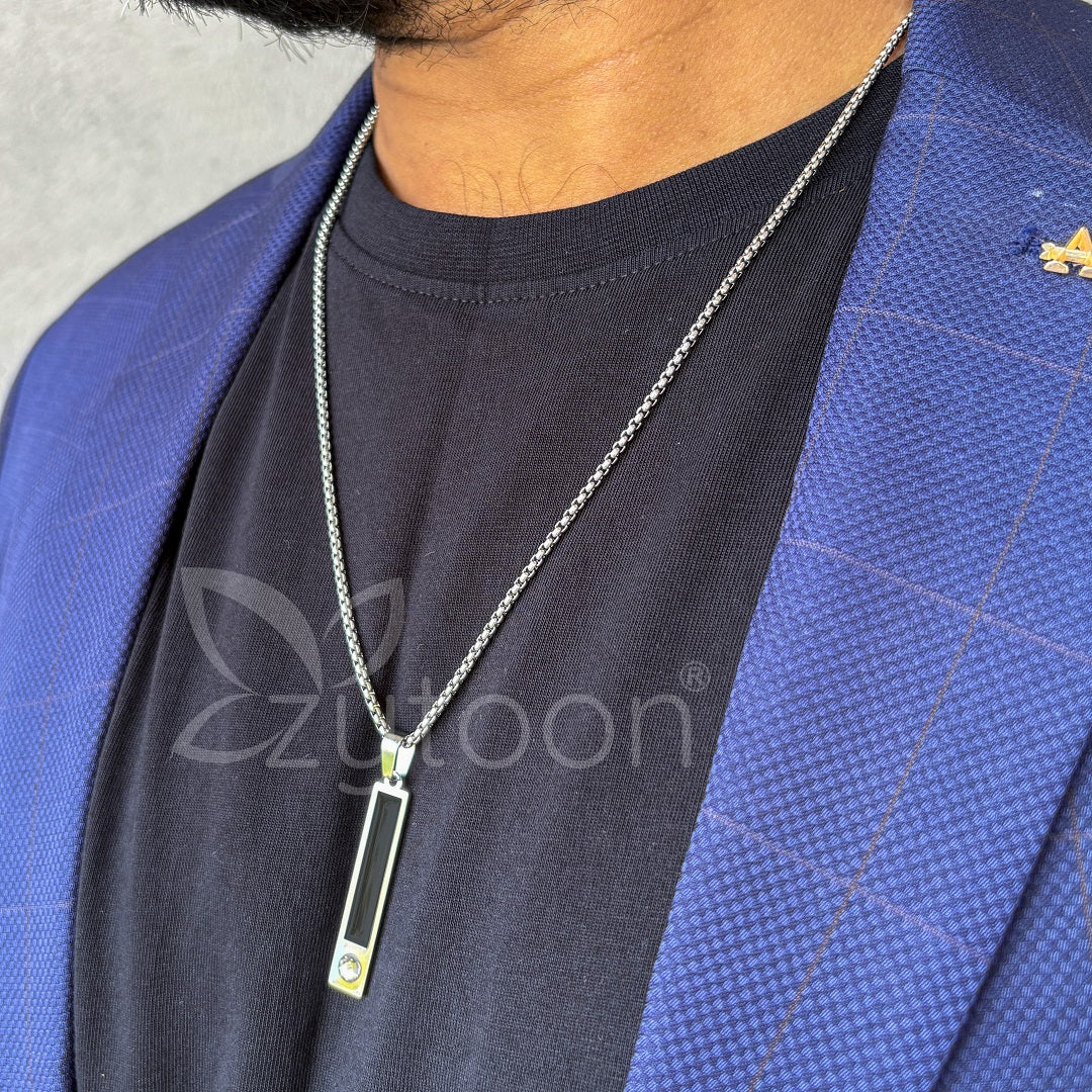 Men’s Stainless Steel Bar Pendant Necklace with Black Inlay & Crystal | Modern & Stylish
