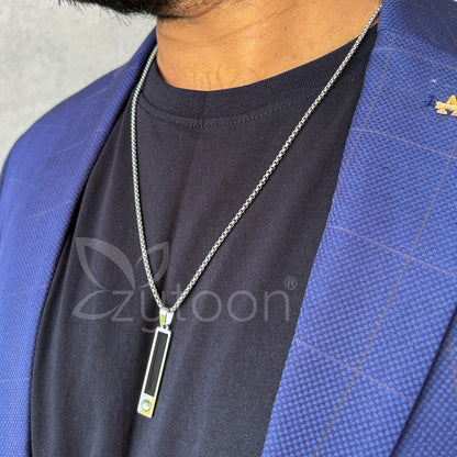 Men’s Stainless Steel Bar Pendant Necklace with Black Inlay & Crystal | Modern & Stylish