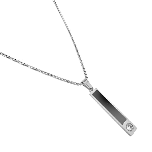 Men’s Stainless Steel Bar Pendant Necklace with Black Inlay & Crystal | Modern & Stylish