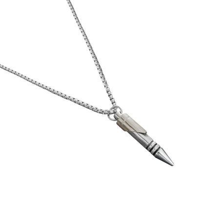 Men's Stainless Steel Bullet Pendant Necklace – Two-Tone Gunmetal Accent – Durable Chain – Masculine Jewelry