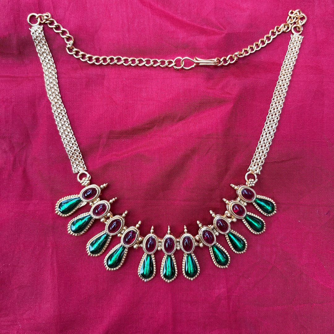 Modern Palakka Gold-Plated Necklace with Green & Ruby Stones