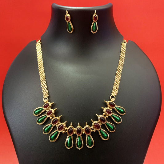 Modern Palakka Gold-Plated Necklace with Green & Ruby Stones