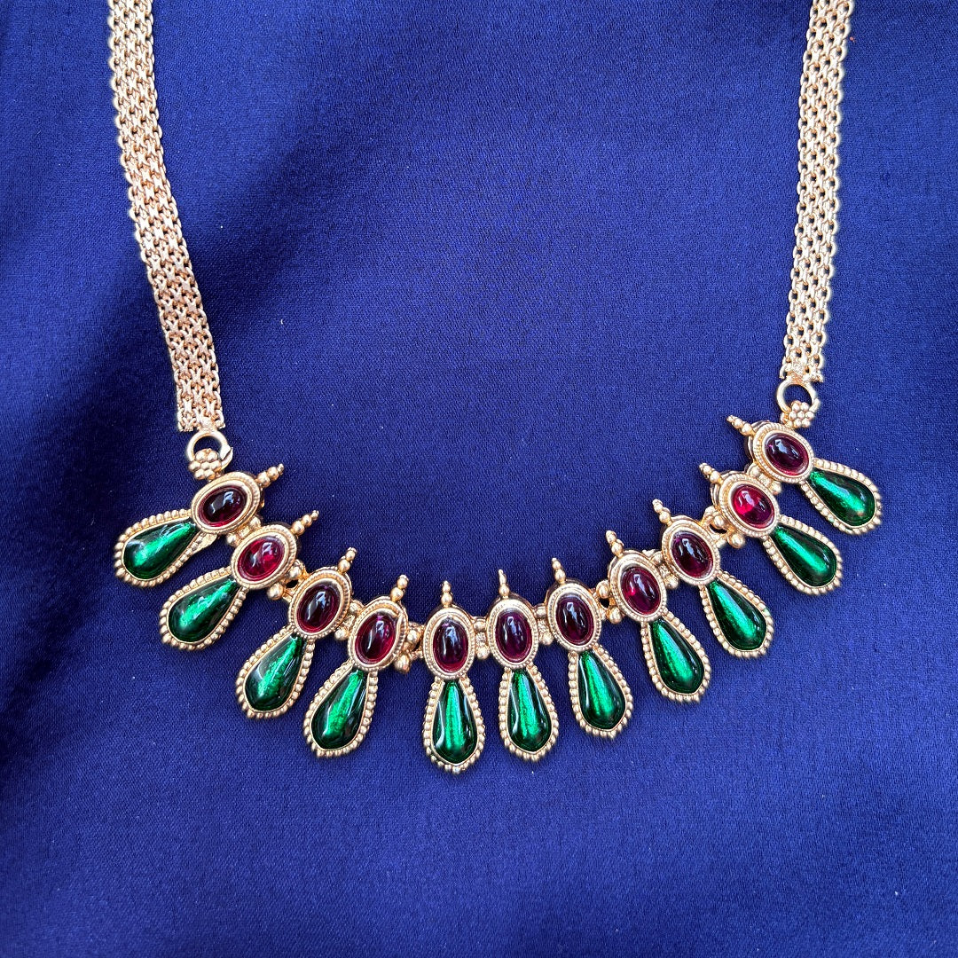 Modern Palakka Gold-Plated Necklace with Green & Ruby Stones