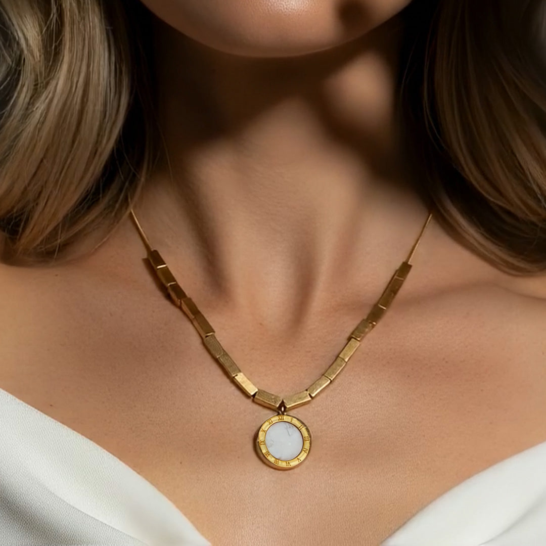 18K Gold Plated Mother of Pearl & Roman Numeral Pendant Necklace - Dainty Cube Chain