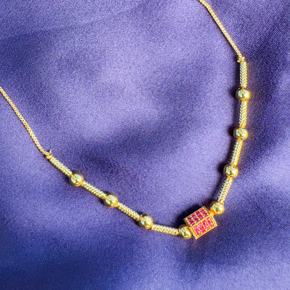 Gold-Plated Beaded Chain Necklace with Rectangular Red Stone Pendant