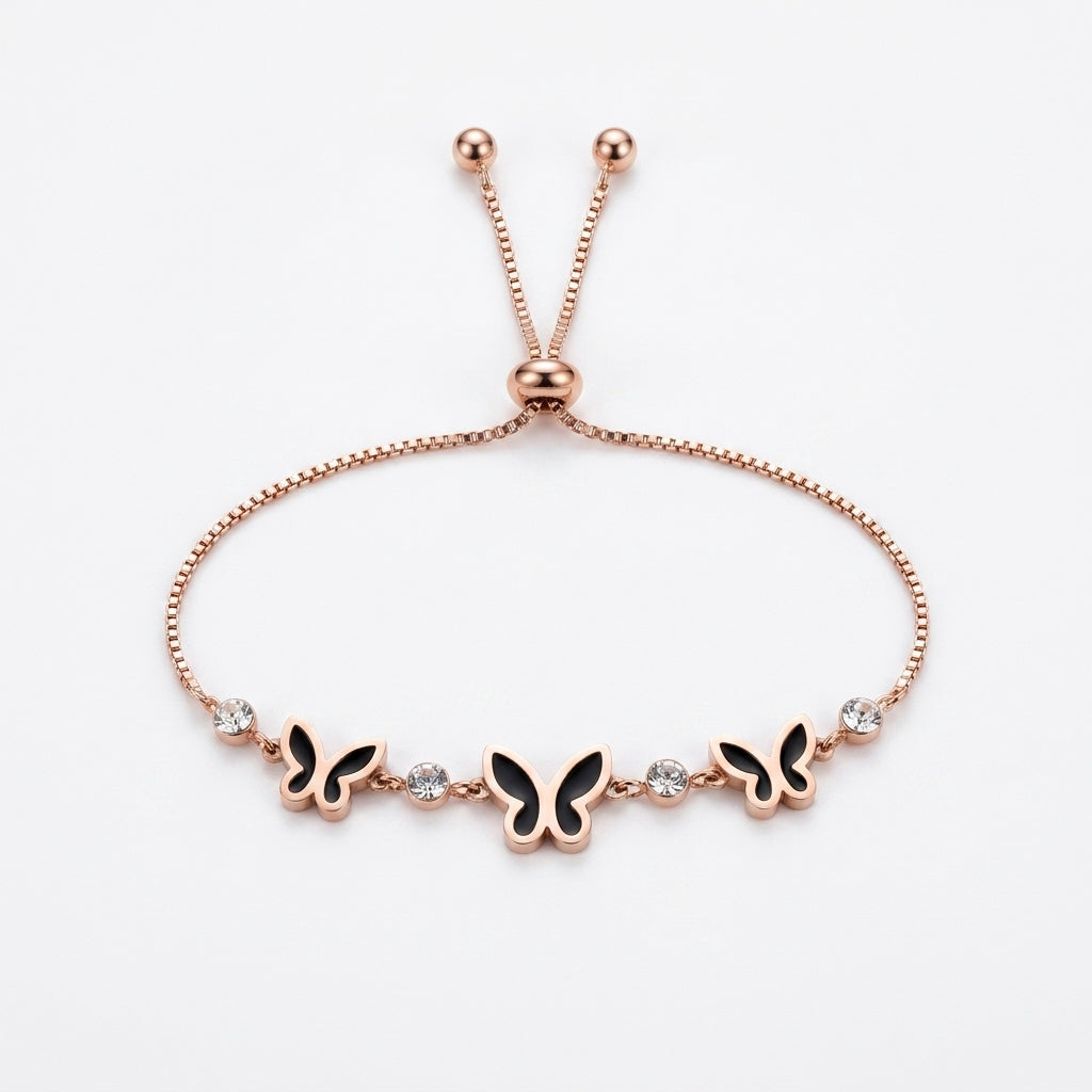Rose Gold Adjustable Butterfly Bracelet with Black Enamel & Crystal Accents