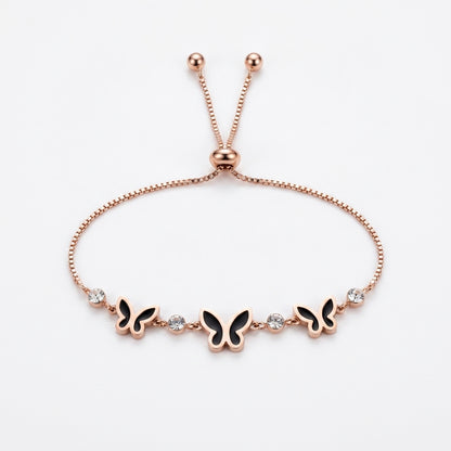 Rose Gold Adjustable Butterfly Bracelet with Black Enamel & Crystal Accents