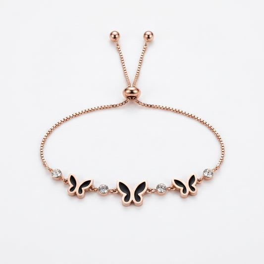 Rose Gold Adjustable Butterfly Bracelet with Black Enamel & Crystal Accents