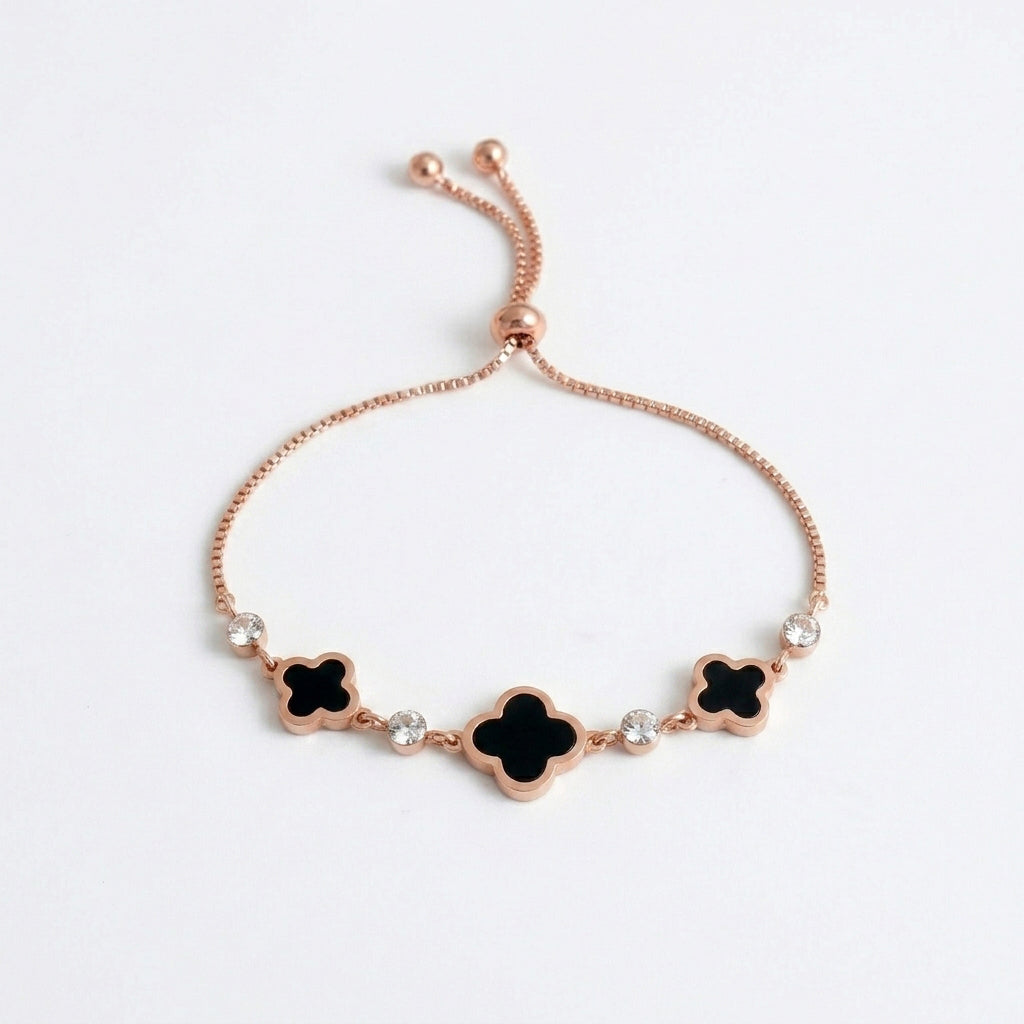 Rose Gold Adjustable Bracelet with Black Clover Charms & Crystal Accents