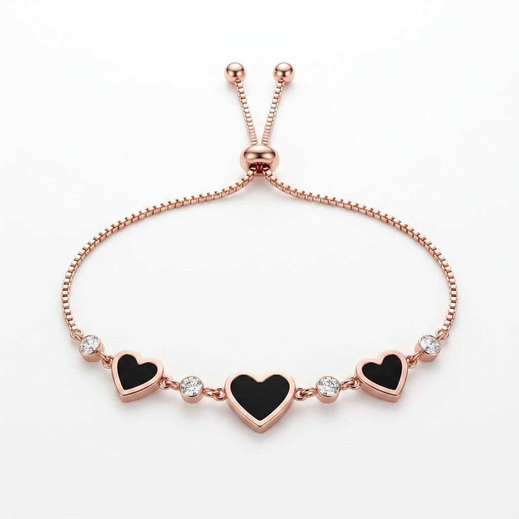 Rose Gold Adjustable Bracelet with Green Enamel Heart Charms & Crystal Accents