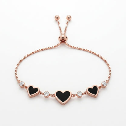 Rose Gold Adjustable Bracelet with Green Enamel Heart Charms & Crystal Accents