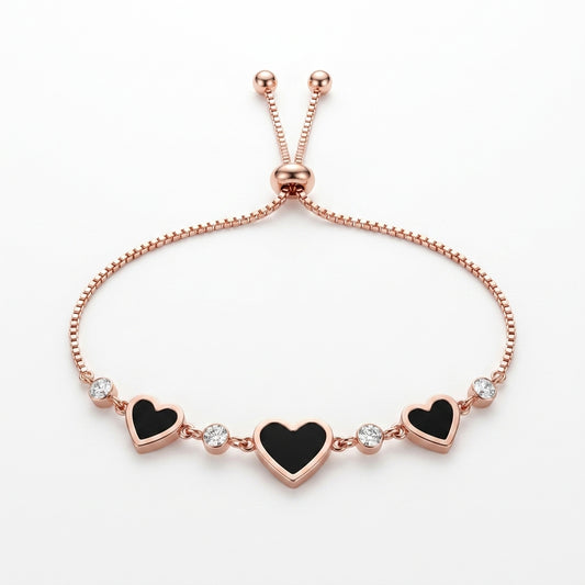 Rose Gold Adjustable Bracelet with Green Enamel Heart Charms & Crystal Accents