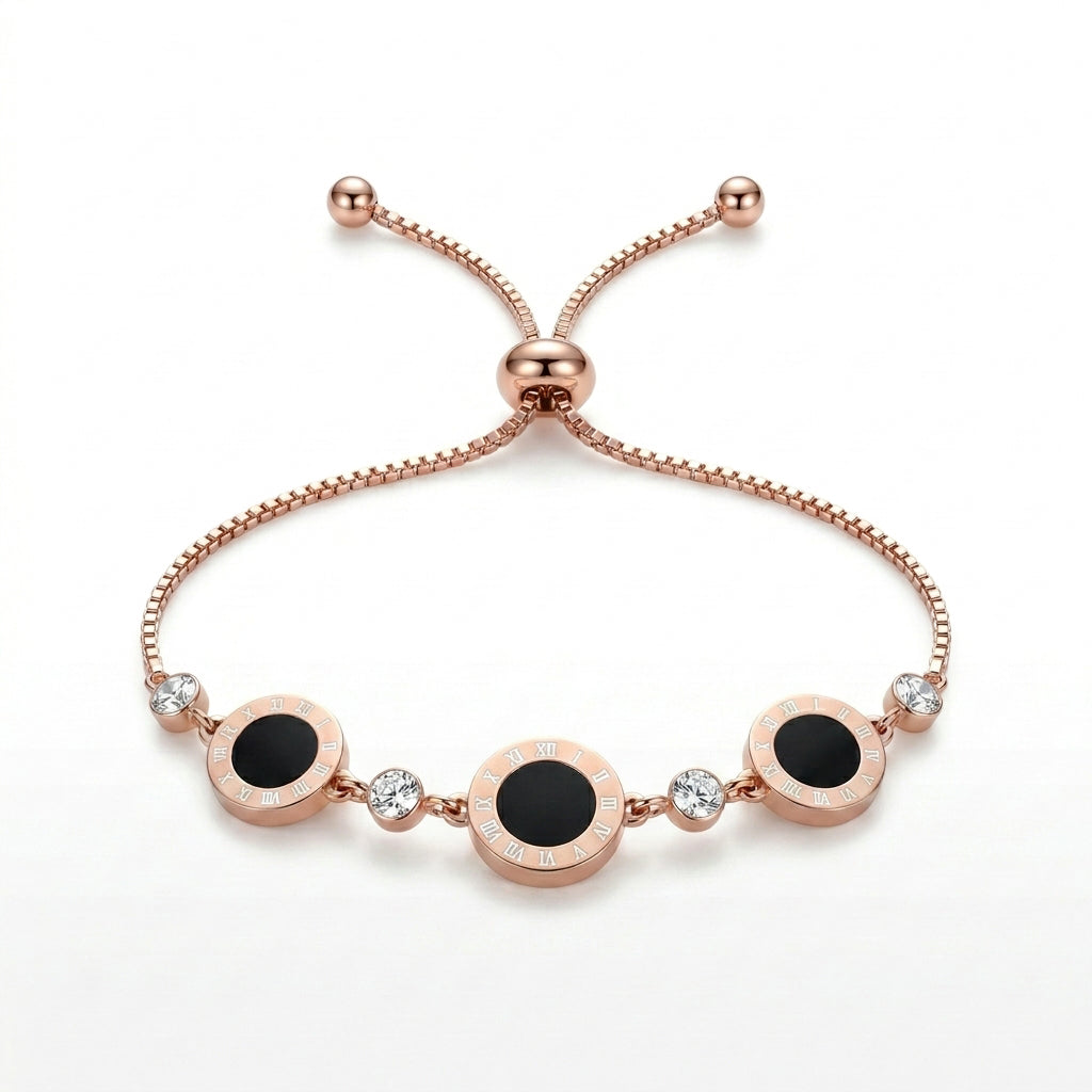 Elegant Roman Numeral Rose Gold Bracelet with Black Inlay & Crystal Detailing