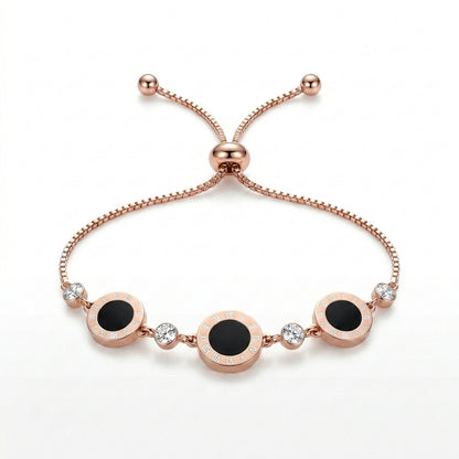 Elegant Roman Numeral Rose Gold Bracelet with Black Inlay & Crystal Detailing