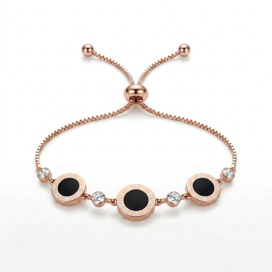 Elegant Roman Numeral Rose Gold Bracelet with Black Inlay & Crystal Detailing