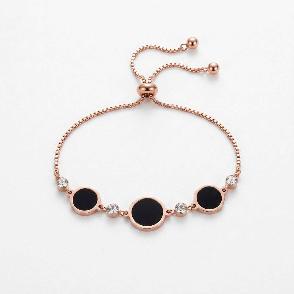 Rose Gold Adjustable Bracelet with Black Circle Charms & Crystal Detailing