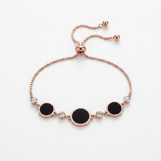Rose Gold Adjustable Bracelet with Black Circle Charms & Crystal Detailing