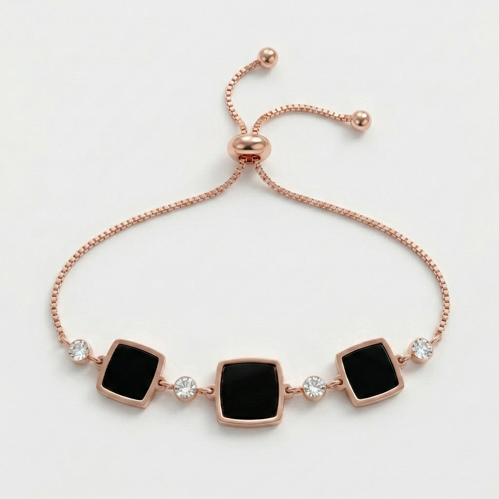 Rose Gold Adjustable Bracelet with Black Square Charms & Crystal Accents