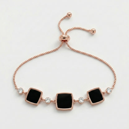 Rose Gold Adjustable Bracelet with Black Square Charms & Crystal Accents