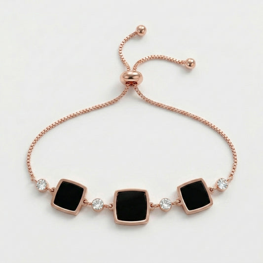 Rose Gold Adjustable Bracelet with Black Square Charms & Crystal Accents