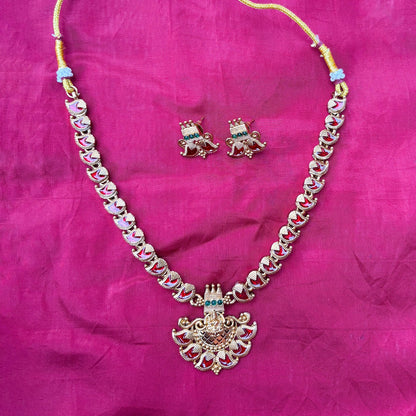 Traditional Gold-Plated Kemp Mango Mala with Red Stones & Lakshmi Pendant – Earrings Included