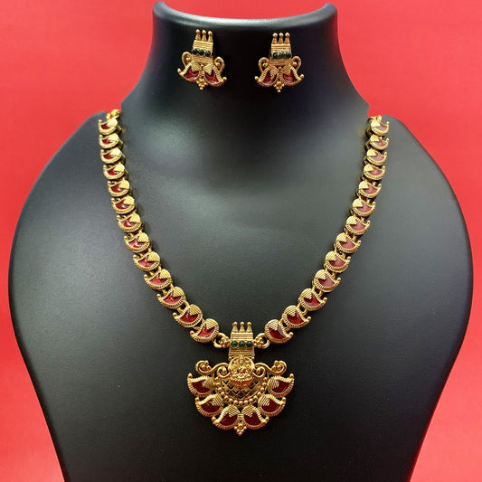 Traditional Gold-Plated Kemp Mango Mala with Red Stones & Lakshmi Pendant – Earrings Included