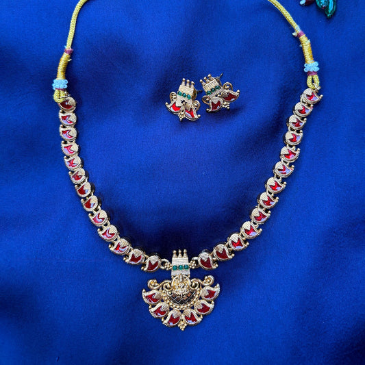 Traditional Gold-Plated Kemp Mango Mala with Red Stones & Lakshmi Pendant – Earrings Included