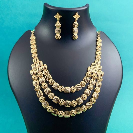 Traditional Gold Plated Layered Necklace Set with Earrings | Ethnic Jewellery for Women