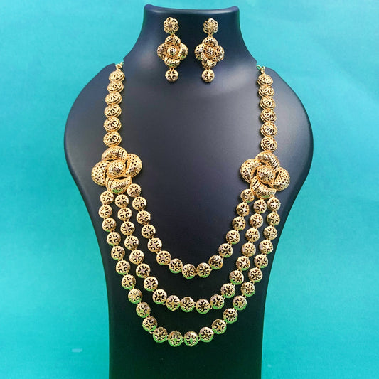 Traditional Gold-Plated Long Necklace Set with Earrings – Bridal & Festive Jewelry