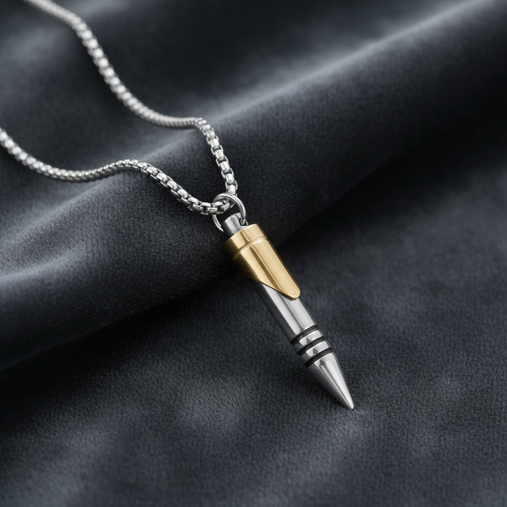 Two-Tone Bullet Pendant Necklace for Men – Stainless Steel Chain