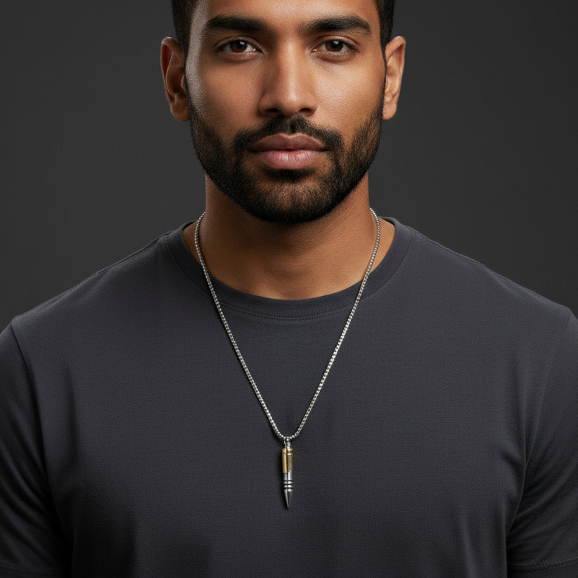 Two-Tone Bullet Pendant Necklace for Men – Stainless Steel Chain