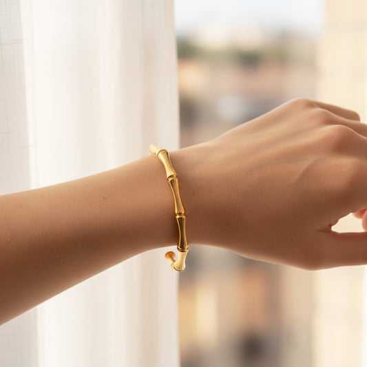 18K Gold Plated Bamboo Open Cuff Bracelet | Anti-Tarnish Kada by Zytoon