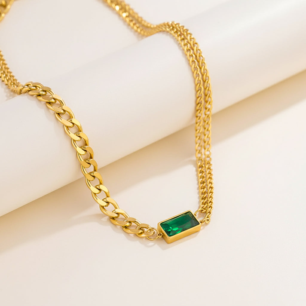 18K Gold Plated Dual Layer Chain with Green Pendant | Anti-Tarnish Necklace by Zytoon