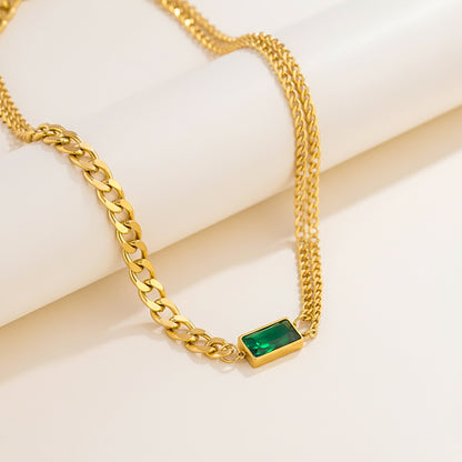 18K Gold Plated Dual Layer Chain with Green Pendant | Anti-Tarnish Necklace by Zytoon