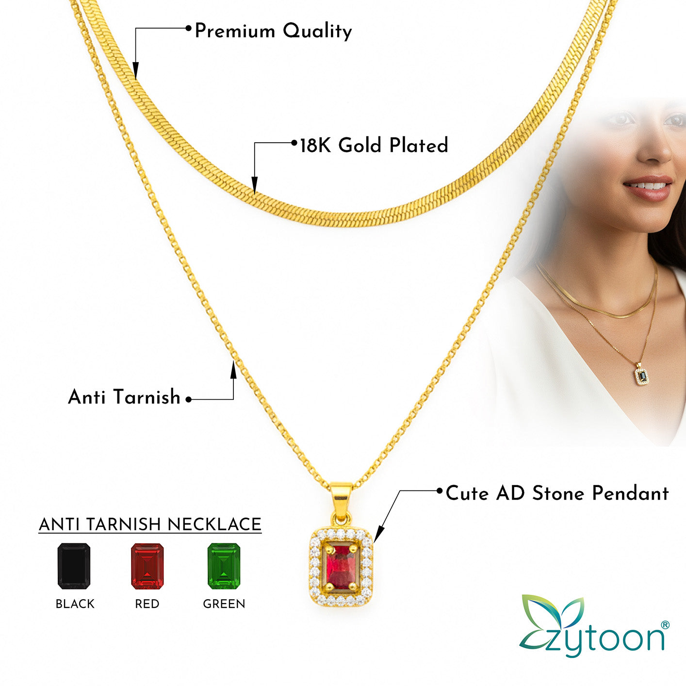 18K Gold Plated Layered Herringbone Necklace with AD Pendant – Anti Tarnish Chain