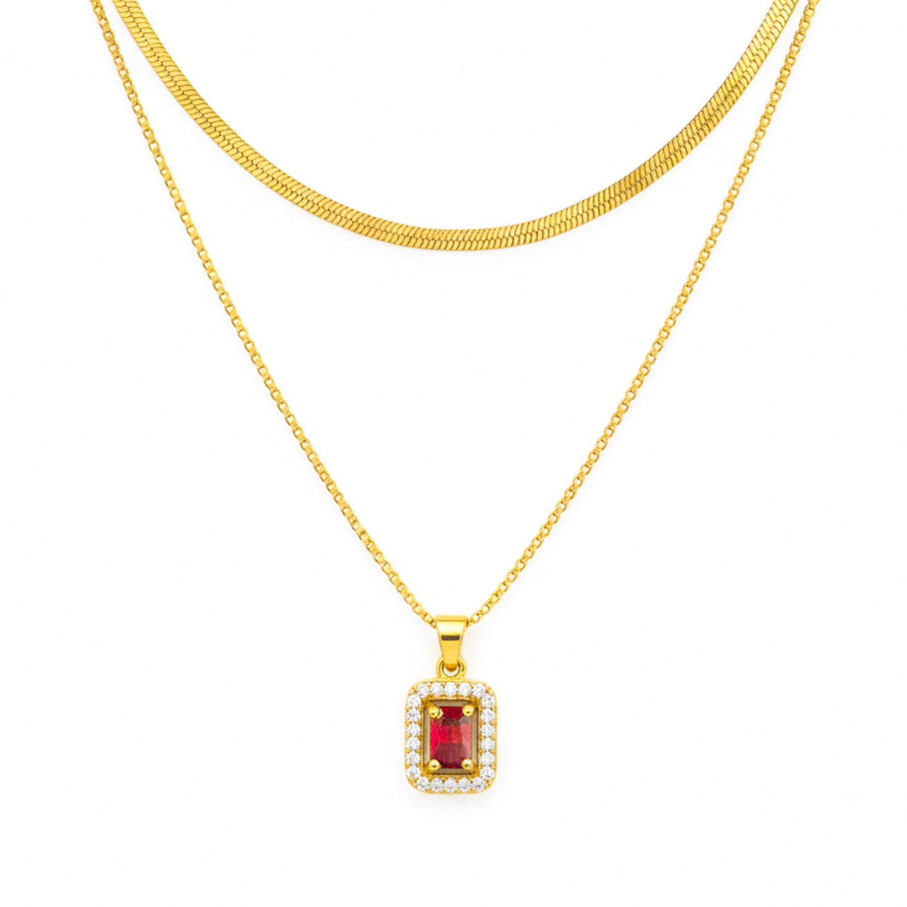 18K Gold Plated Layered Herringbone Necklace with AD Pendant – Anti Tarnish Chain