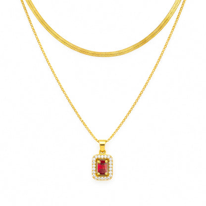 18K Gold Plated Layered Herringbone Necklace with AD Pendant – Anti Tarnish Chain