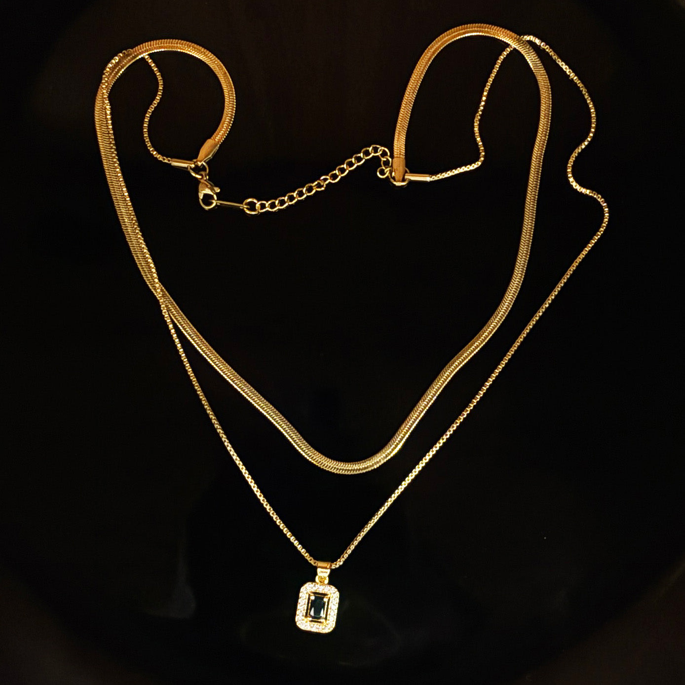 18K Gold Plated Layered Herringbone Necklace with AD Pendant – Anti Tarnish Chain