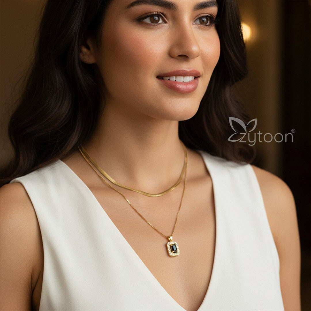 18K Gold Plated Layered Herringbone Necklace with AD Pendant – Anti Tarnish Chain