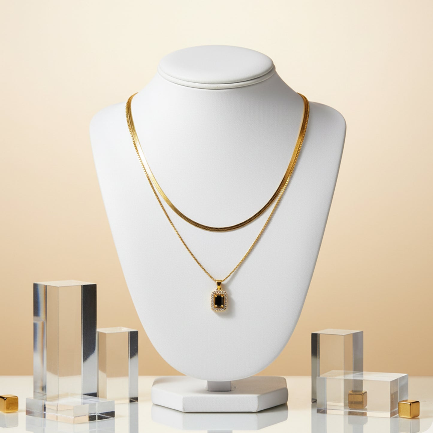 18K Gold Plated Layered Herringbone Necklace with AD Pendant – Anti Tarnish Chain