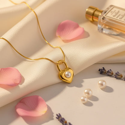 18K Gold Plated Padlock Heart Pendant Necklace with Pearl