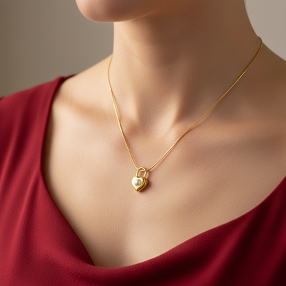 18K Gold Plated Padlock Heart Pendant Necklace with Pearl