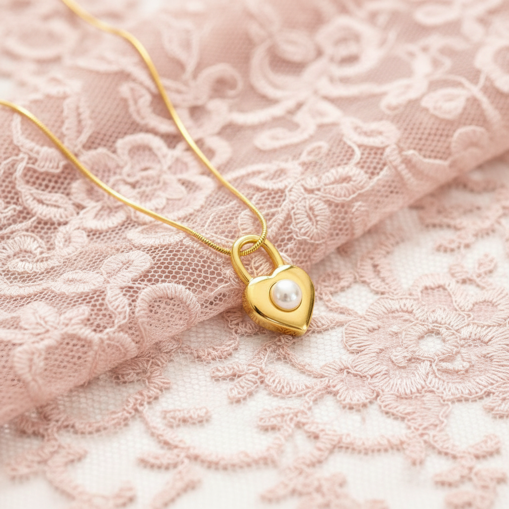 18K Gold Plated Padlock Heart Pendant Necklace with Pearl