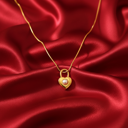 18K Gold Plated Padlock Heart Pendant Necklace with Pearl
