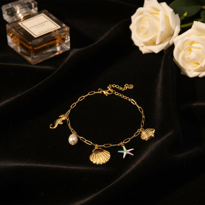 18K Gold Plated Sea Charm Bracelet – Starfish, Seashell, Pearl & Seahorse