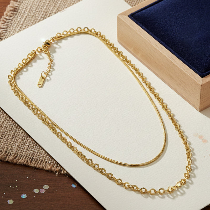 18K Gold Plated Dual Layer Chain Necklace – Adjustable & Anti-Tarnish