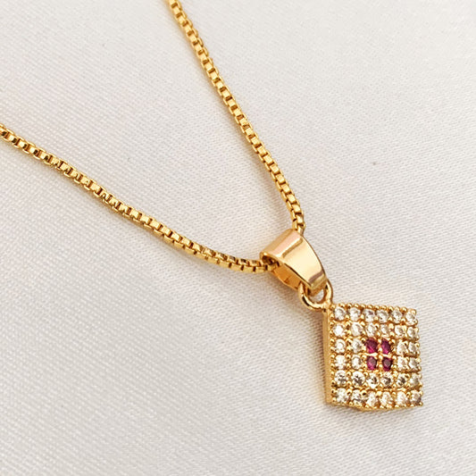 Elegant Gold-Plated Square Pendant Necklace with Ruby Zirconia | Stylish Jewellery for Women & Girls