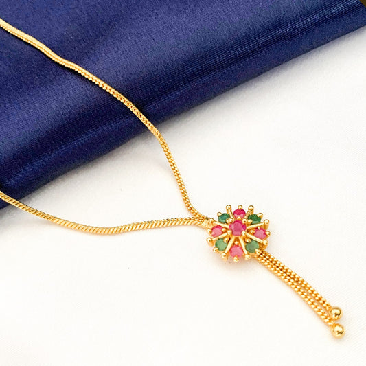 Gold-Plated Necklace with Floral Pendant | Ruby & Emerald Stone Jewelry for Women & Girls