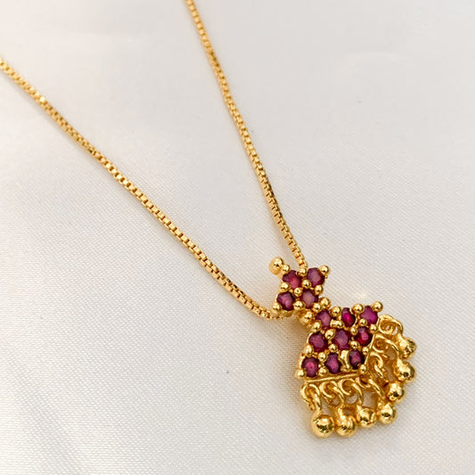 Gold-Plated Floral Pendant Necklace with Ruby Red Stones & Dangling Beads | Traditional Indian Jewelry